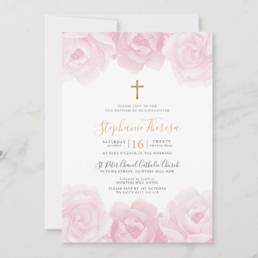 Elegante roze bloemige gouden kruis meisjes doop kaart (Voorkant)