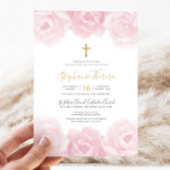 Elegante roze bloemige gouden kruis meisjes doop kaart