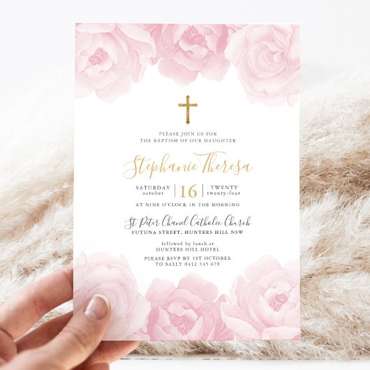 Elegante roze bloemige gouden kruis meisjes doop kaart