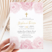 Elegante roze bloemige gouden kruis meisjes doop kaart