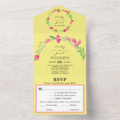 Elegante Roze Bloemige Groene Elementen Lichtgele  All In One Uitnodiging (Binnen)