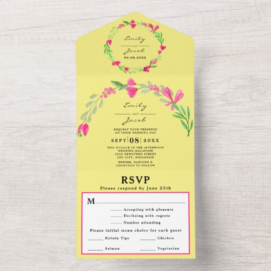 Elegante Roze Bloemige Groene Elementen Lichtgele  All In One Uitnodiging (Binnen)