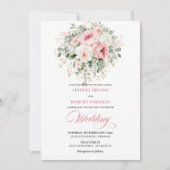Elegante Roze Bloemige Groene Huwelijksuitnodiging Kaart (Voorkant)