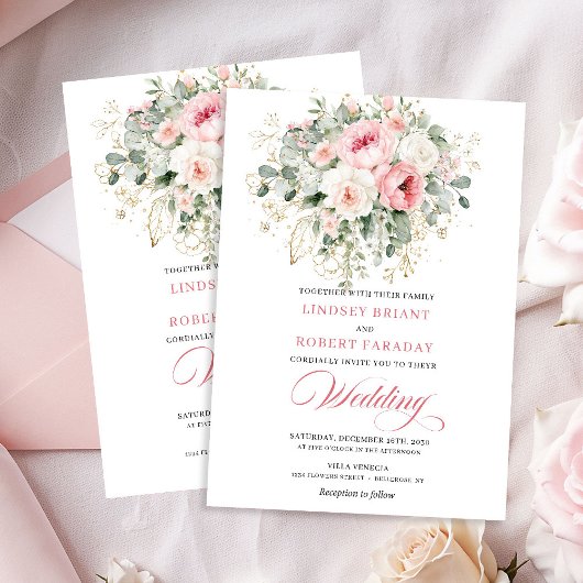 Elegante Roze Bloemige Groene Huwelijksuitnodiging Kaart