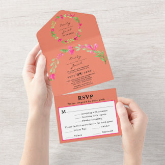 Elegante Roze Bloemige Groene Koraal Oranje RSVP All In One Uitnodiging