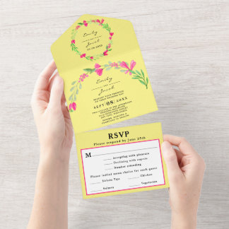 Elegante Roze Bloemige Groene Lichte Gele Trouw RS All In One Uitnodiging