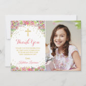 Elegante roze bloemige Heilige Communie dank je we Kaart (Voorkant)