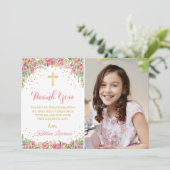 Elegante roze bloemige Heilige Communie dank je we Kaart (Staand voorkant)