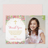 Elegante roze bloemige Heilige Communie dank je we Kaart (Voorkant / Achterkant)