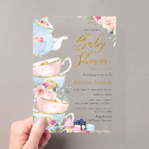 Elegante Roze Bloemige High Tea Party Baby Shower Acryl Uitnodigingen
