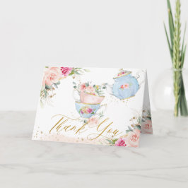 Elegante Roze Bloemige Hoge Theepartij Verjaardag Bedankkaart