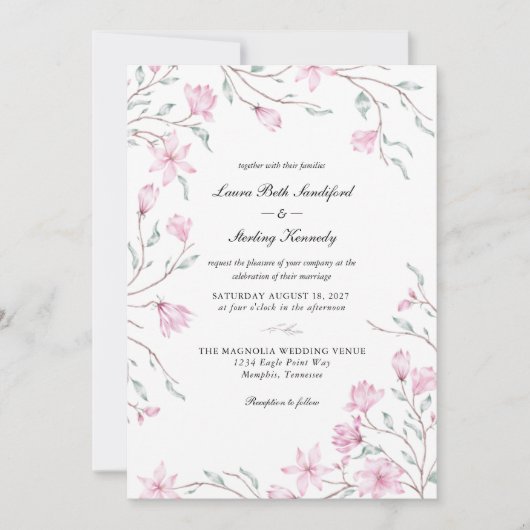 Elegante roze bloemige magnolia trouwuitnodiging kaart (Voorkant)