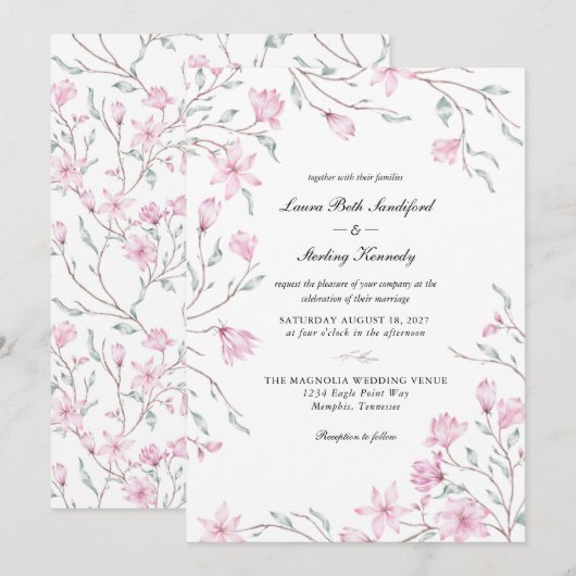 Elegante roze bloemige magnolia trouwuitnodiging kaart (Voorkant / Achterkant)