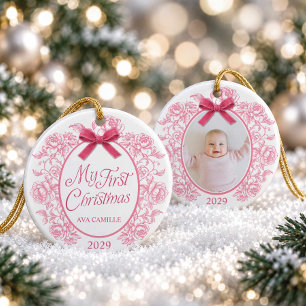 Elegante Roze Bloemige Mijn Eerste Kerst Foto Keramisch Ornament