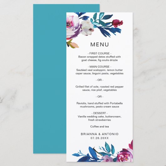 Elegante Roze Bloemige Moderne Trouwdag Menu (Voorkant / Achterkant)