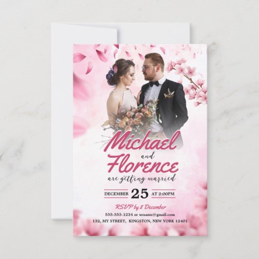Elegante Roze Bloemige Moderne Trouwfoto Kaart (Voorkant)