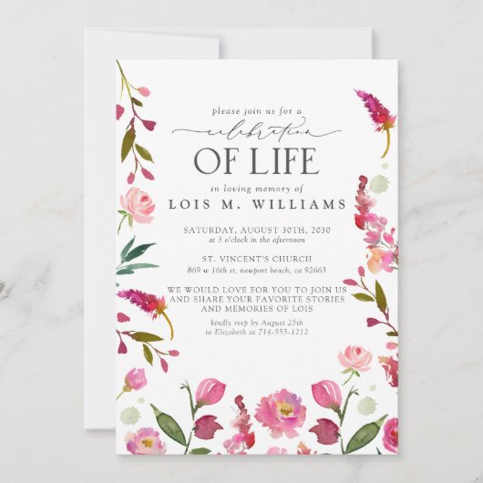 Elegante roze bloemige moderne viering van het lev kaart (Voorkant)