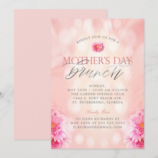 Elegante roze bloemige Moederdag Brunch Uitnodigin Kaart (Voorkant / Achterkant)