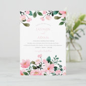 Elegante Roze Bloemige Monogram Huwelijk Kaart (Staand voorkant)