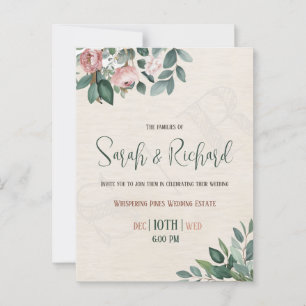 Elegante Roze Bloemige Monogram Huwelijksuitnodigi Briefkaart