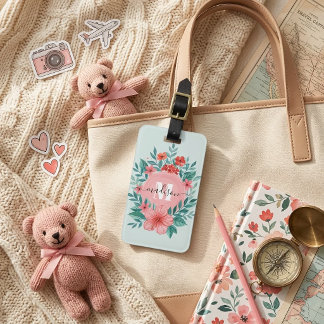 Elegante Roze Bloemige Monogram Naam Waterverf Bagagelabel