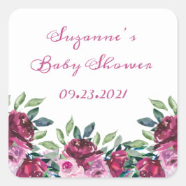 Elegante Roze Bloemige Naam Datum Script Baby Show Vierkante Sticker