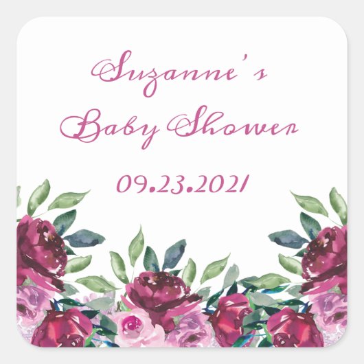 Elegante Roze Bloemige Naam Datum Script Baby Show Vierkante Sticker (Voorkant)