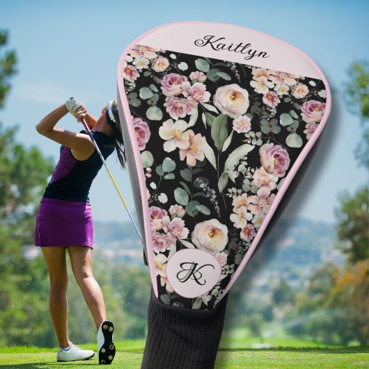 Elegante Roze Bloemige Naam Monogram Golfheadcover
