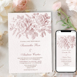 Elegante Roze Bloemige Nepgeprägte Huwelijksuitnod Kaart