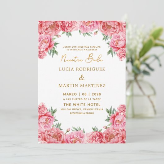 Elegante roze bloemige Nuestra Boda Kaart (Staand voorkant)