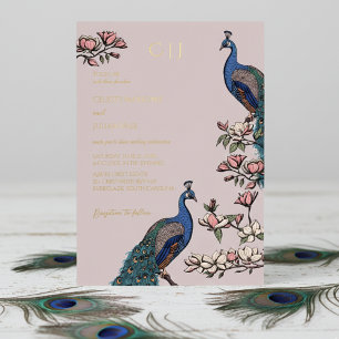 Elegante Roze Bloemige Pauw Trouwfeest Folie Uitnodiging