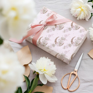 Elegante Roze Bloemige Pioen Celestiale Maan & Ste Cadeaupapier