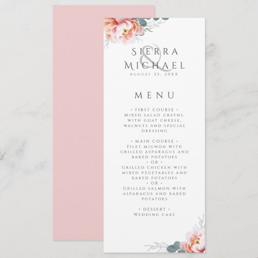 Elegante roze bloemige pioenroos huwelijksdiner menu (Voorkant / Achterkant)