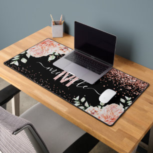 Elegante Roze Bloemige Roze Gouden Glitter Monogra Bureaumat