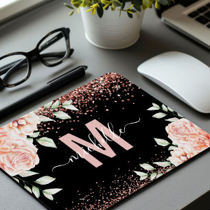 Elegante Roze Bloemige Roze Gouden Glitter Monogra Muismat