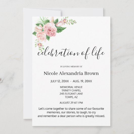 Elegante roze bloemige smaakvolle viering begrafen kaart (Voorkant)