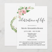 Elegante roze bloemige smaakvolle viering begrafen kaart (Voorkant / Achterkant)