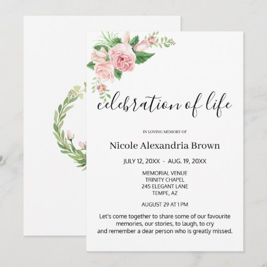 Elegante roze bloemige smaakvolle viering begrafen kaart (Voorkant / Achterkant)