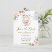 Elegante Roze Bloemige Theepartij Bruidsborrel Save The Date (Staand voorkant)
