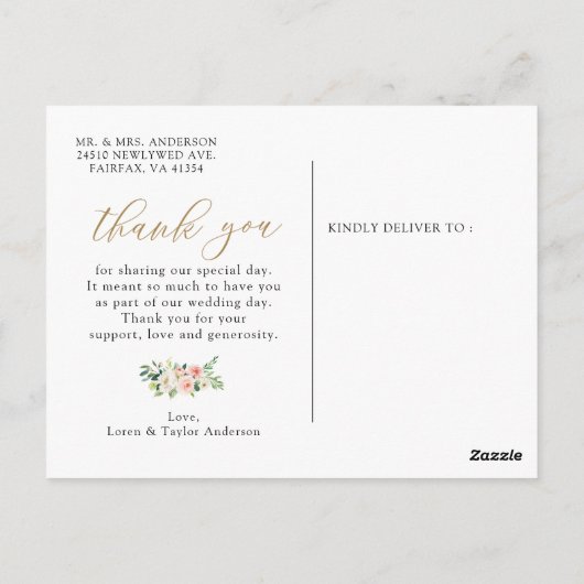Elegante Roze Bloemige Trouw Dank Uw Postkaart (Achterkant)