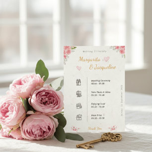 Elegante Roze Bloemige Trouw Itinerary Tijdlijn Informatiekaartje