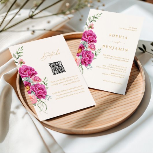 Elegante Roze Bloemige Trouw-QR-code Vet Kaart