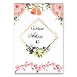 Elegante roze bloemige trouwtafel nummerkaart kaart