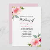 Elegante roze bloemige trouwuitnodiging kaart (Voorkant / Achterkant)