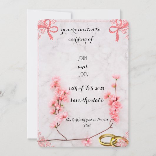 Elegante roze bloemige trouwuitnodiging met marmer save the date (Voorkant)