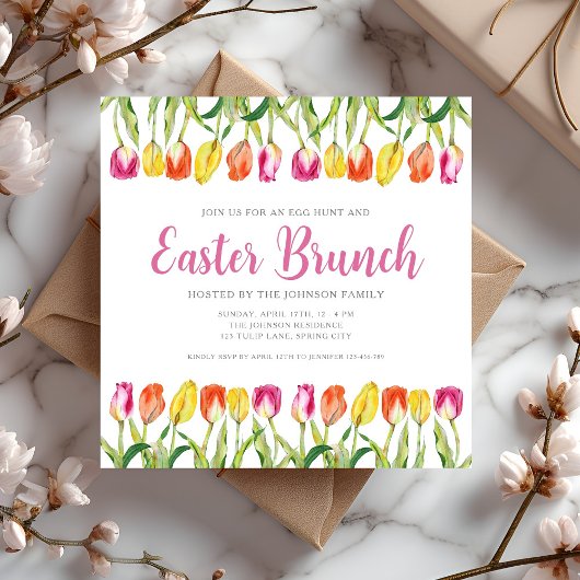 Elegante Roze Bloemige Tulp Pasen Brunch Kaart