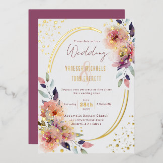 Elegante Roze Bloemige Watercolor Ovale Trouwkaart Folie Uitnodiging