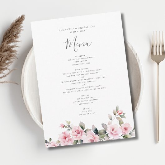 Elegante Roze Bloemige Watercolor Trouw Menu