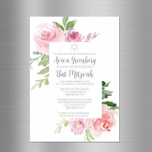 Elegante Roze Bloemige Waterverf Bat Mitzvah Feest Magnetische Uitnodiging