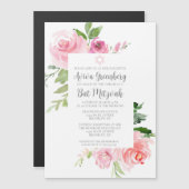 Elegante Roze Bloemige Waterverf Bat Mitzvah Feest Magnetische Uitnodiging (Voorkant / Achterkant)